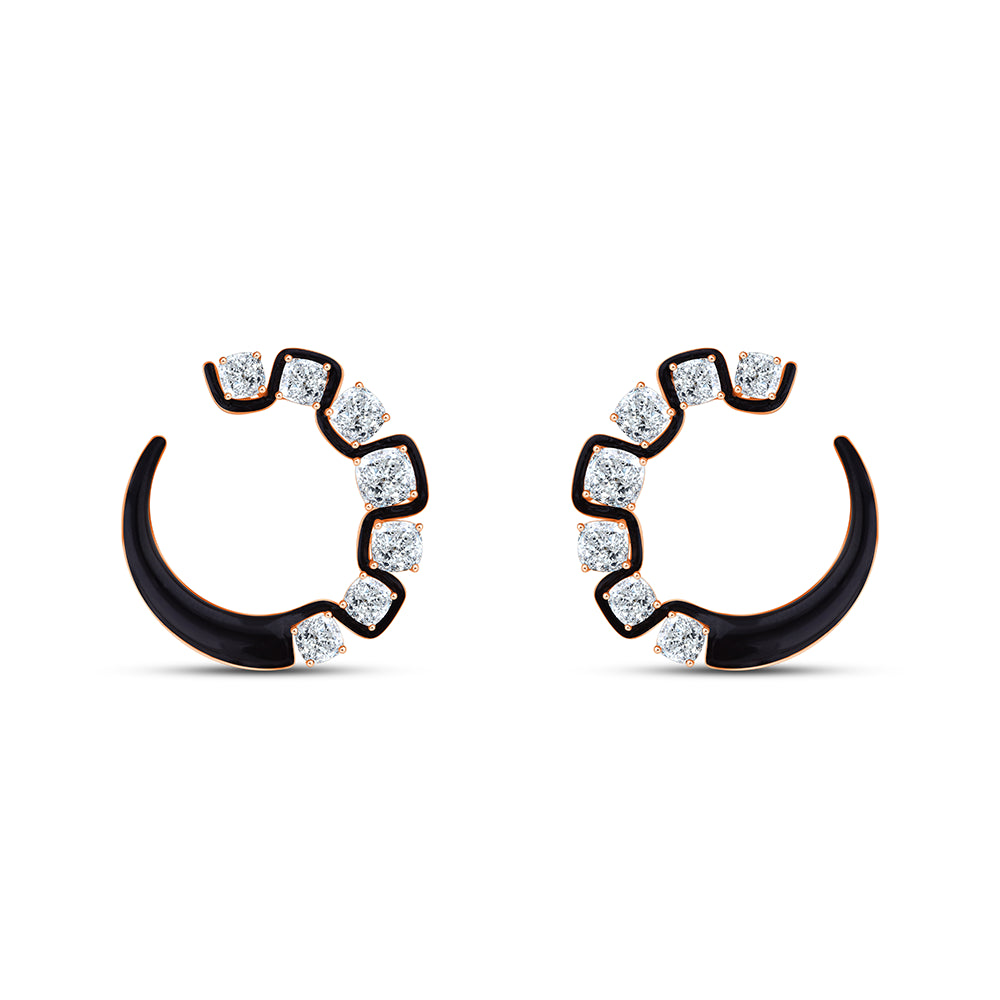 Cushion Cut Black Enamel Open Circle Stud Earrings