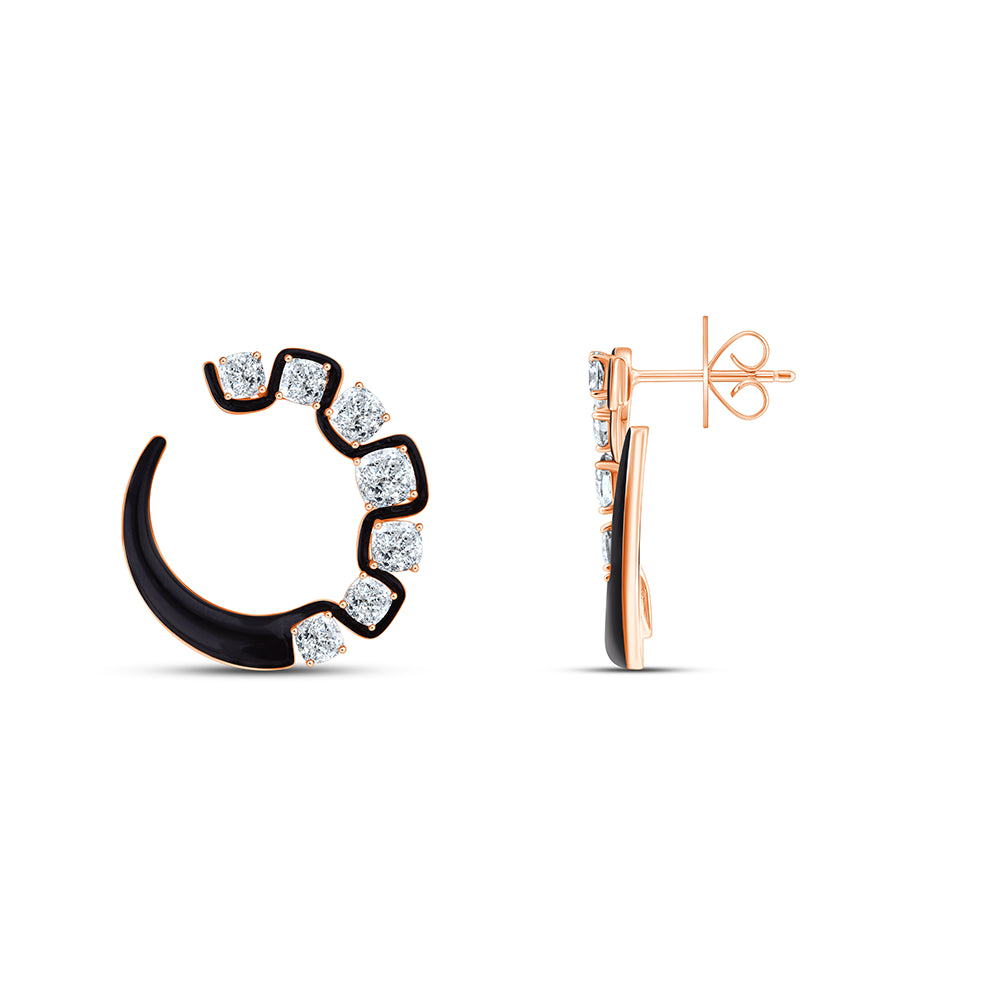 Cushion Cut Black Enamel Open Circle Stud Earrings