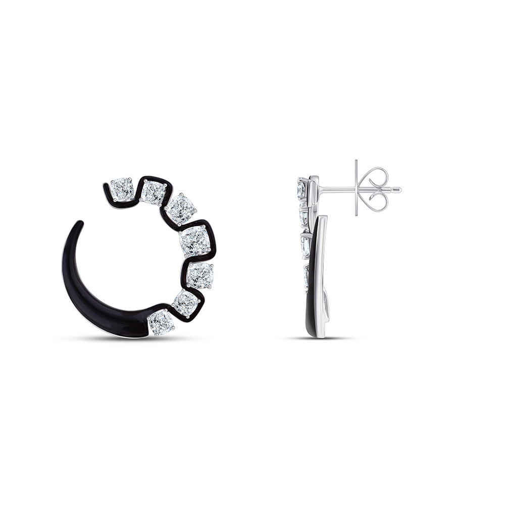 Cushion Cut Black Enamel Open Circle Stud Earrings