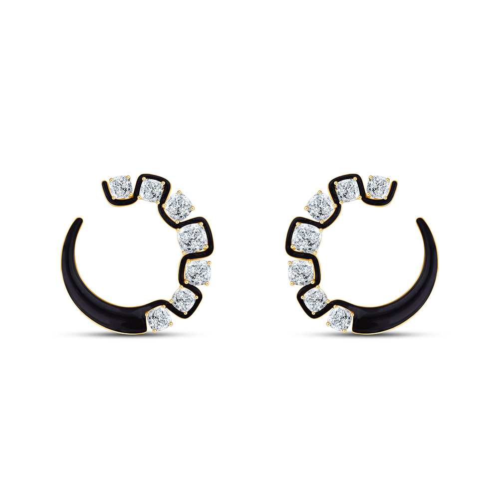 Cushion Cut Black Enamel Open Circle Stud Earrings