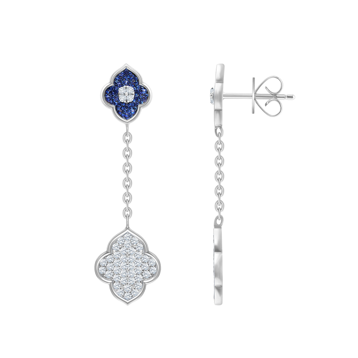 Blue Stone Clover Chain Drop Earrings