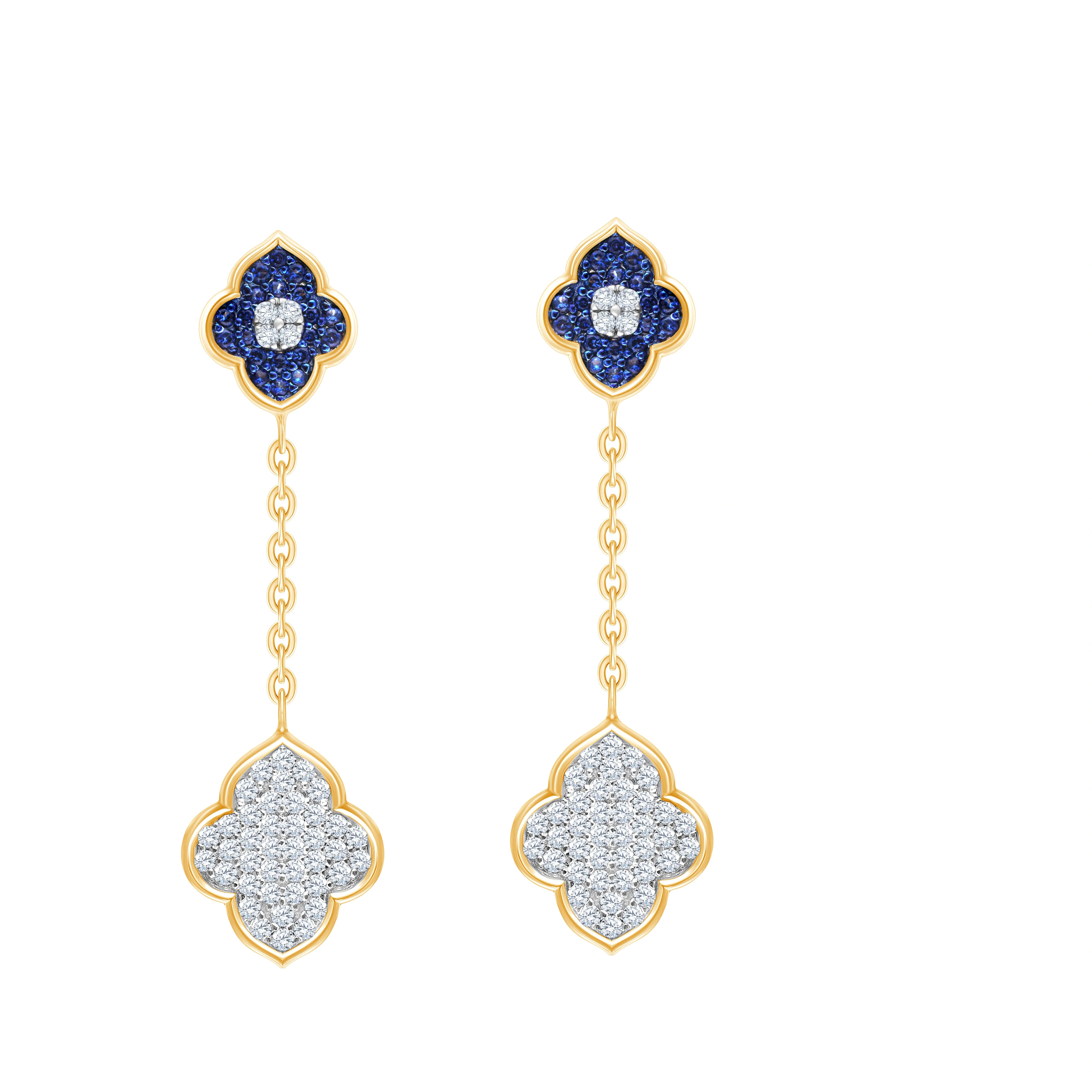 Blue Stone Clover Chain Drop Earrings