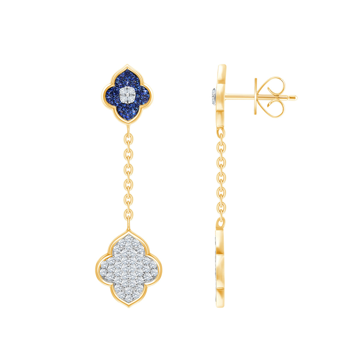 Blue Stone Clover Chain Drop Earrings