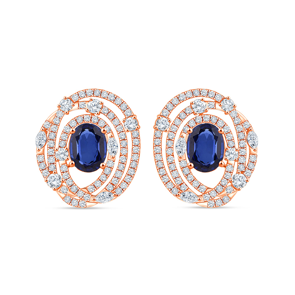 Oval Cut Blue Stone Spiral Halo Stud Earrings
