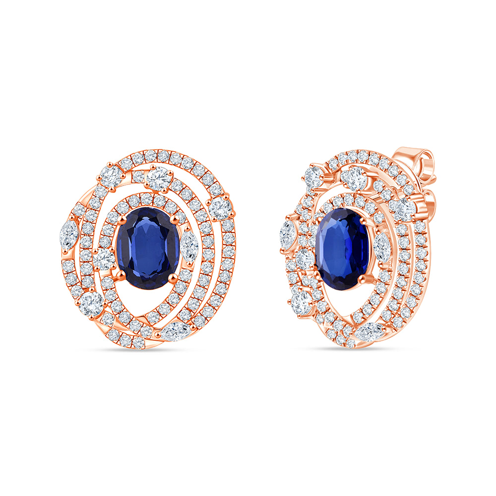 Oval Cut Blue Stone Spiral Halo Stud Earrings