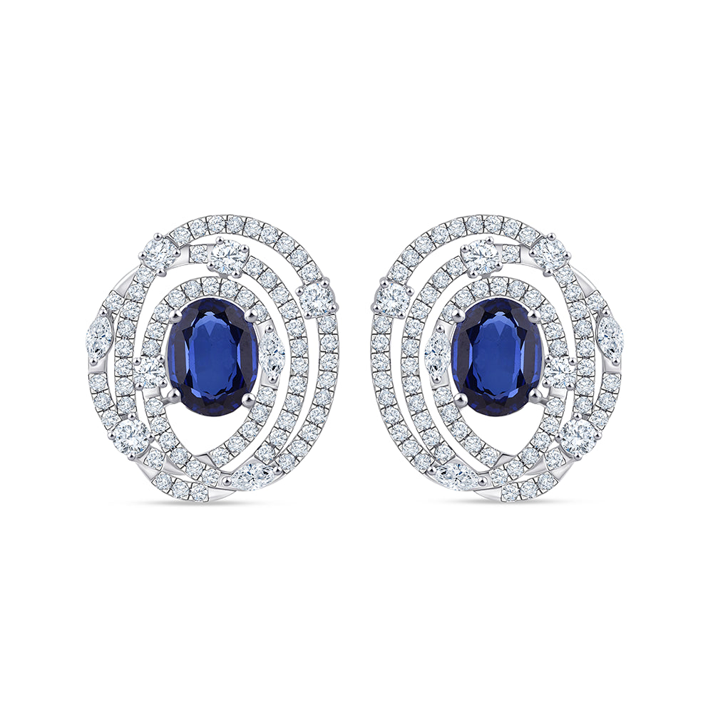 Oval Cut Blue Stone Spiral Halo Stud Earrings