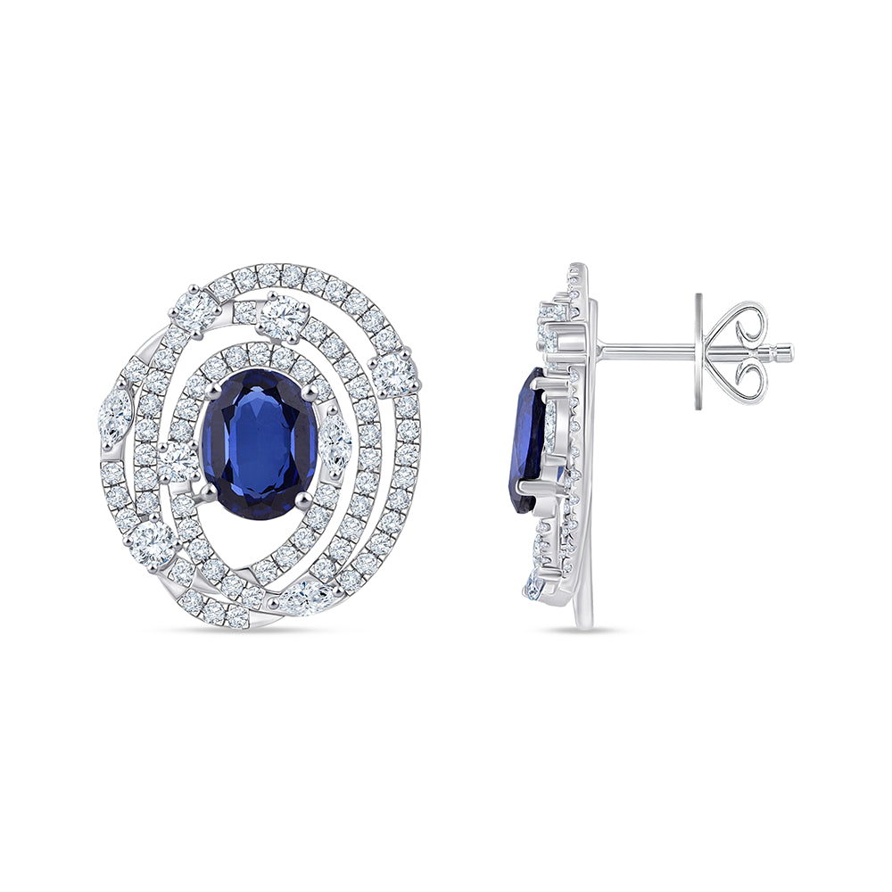 Oval Cut Blue Stone Spiral Halo Stud Earrings