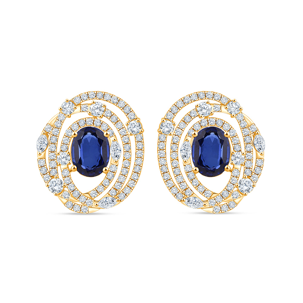 Oval Cut Blue Stone Spiral Halo Stud Earrings