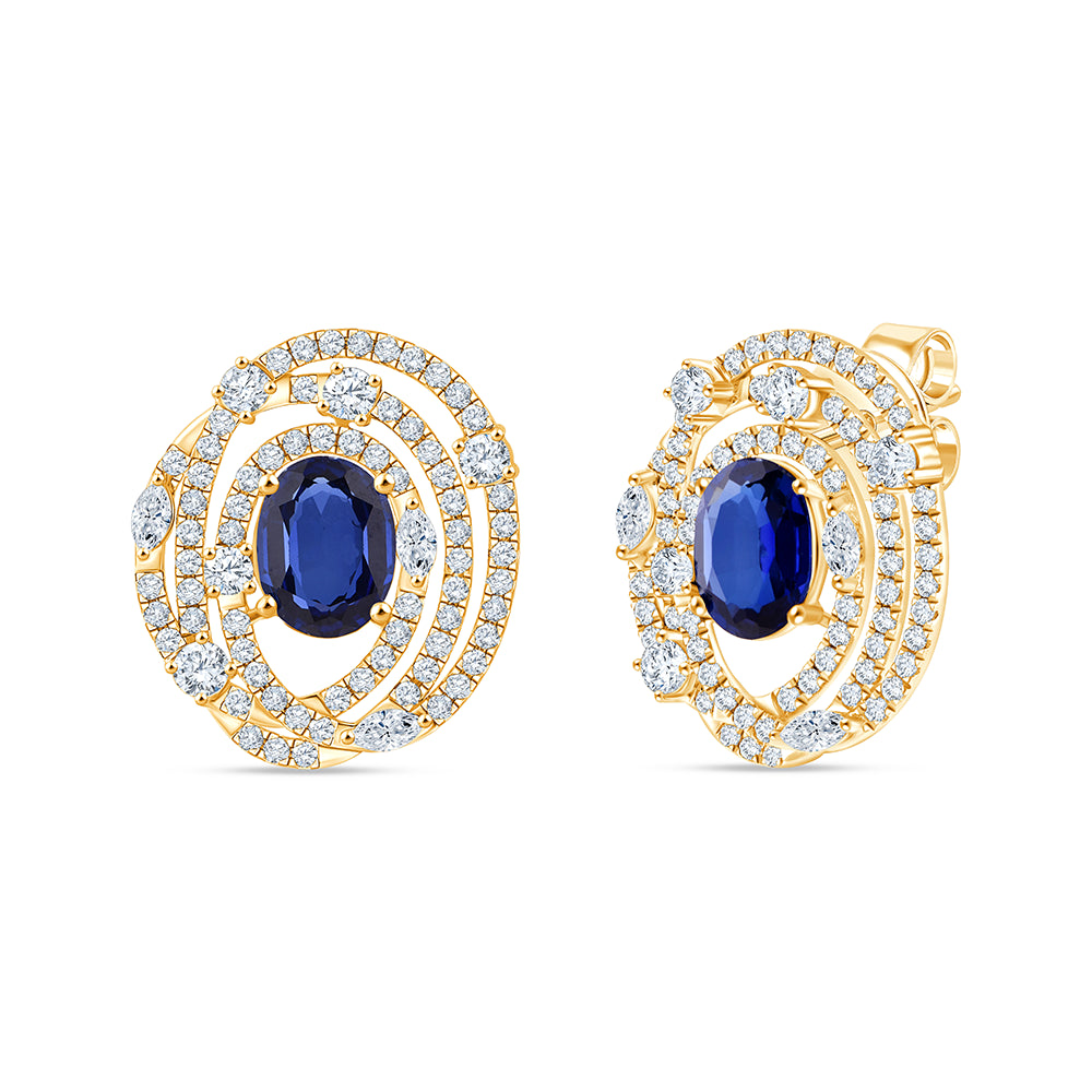 Oval Cut Blue Stone Spiral Halo Stud Earrings