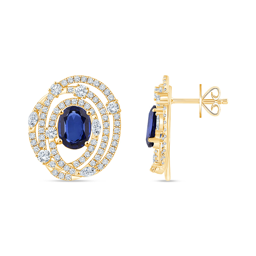 Oval Cut Blue Stone Spiral Halo Stud Earrings