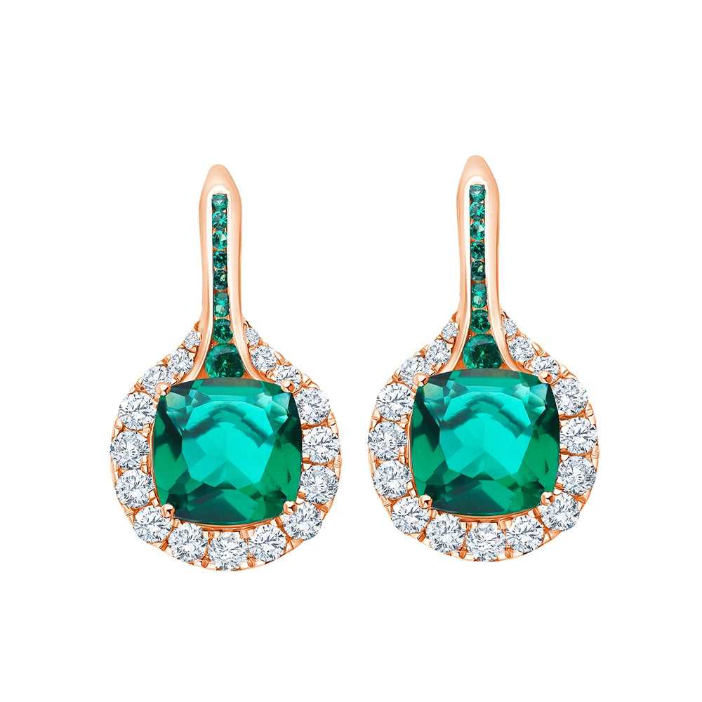 Cushion Cut Green Semi Precious Stone  Brilliant Cut Halo Drop Earrings