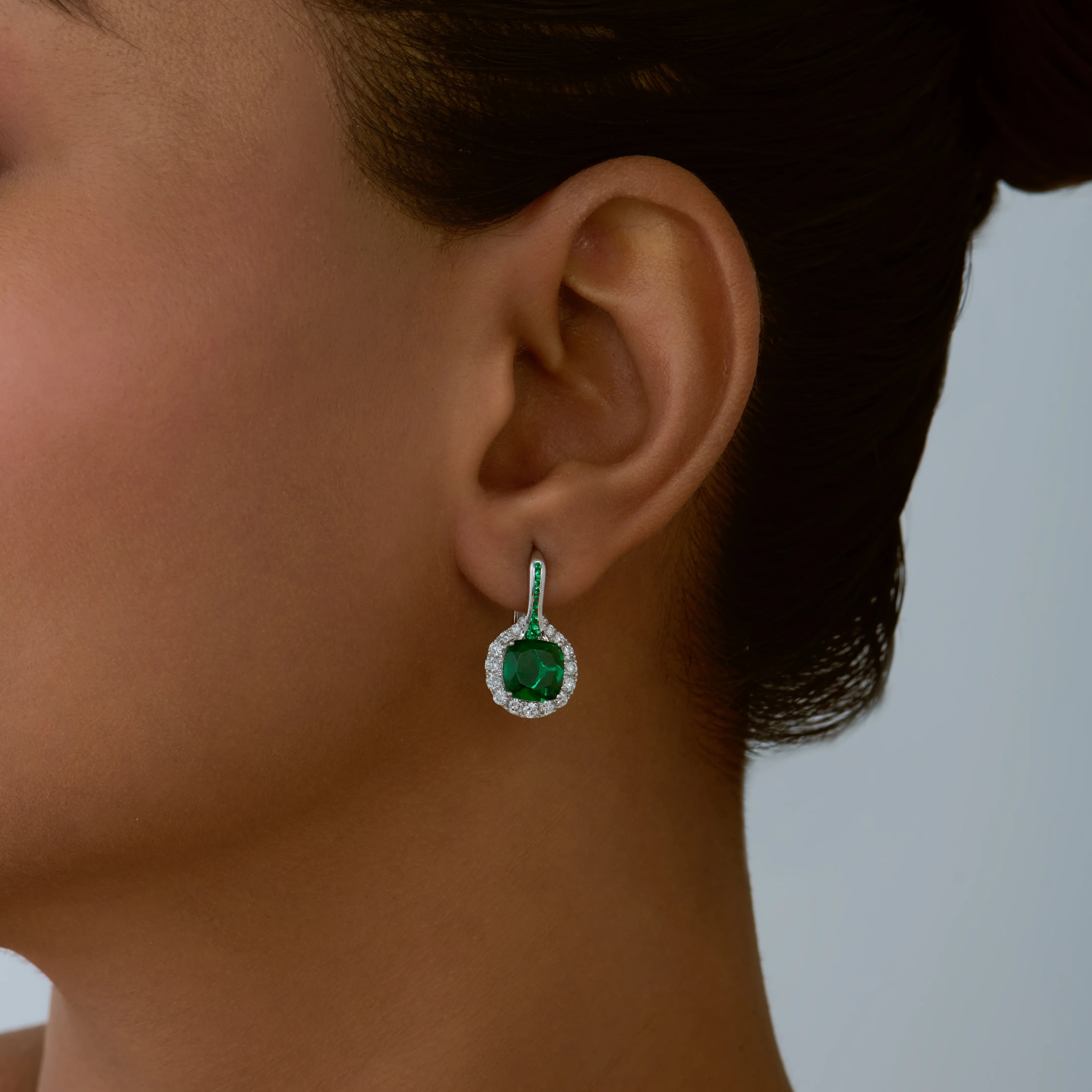 Cushion Cut Green Semi Precious Stone  Brilliant Cut Halo Drop Earrings