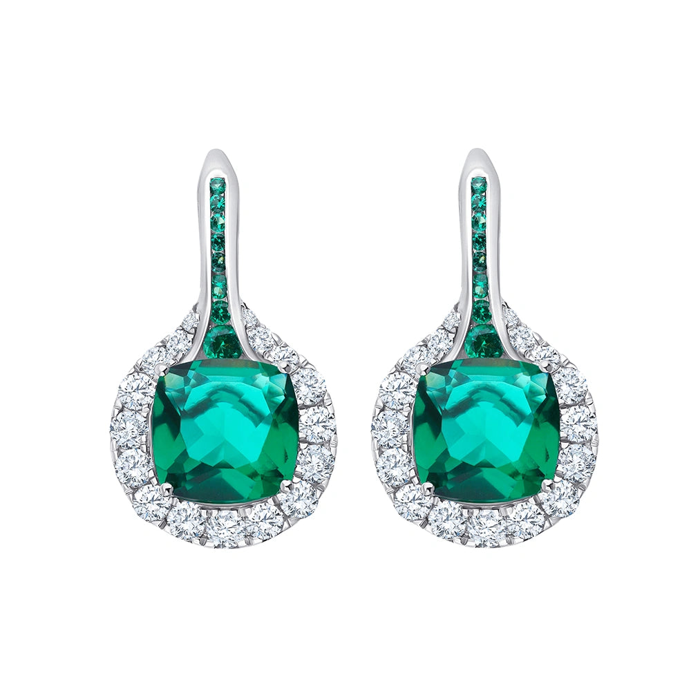 Cushion Cut Green Semi Precious Stone  Brilliant Cut Halo Drop Earrings
