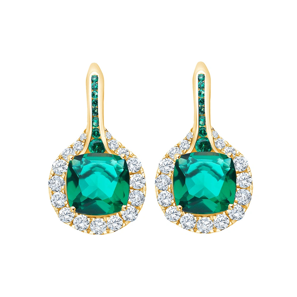 Cushion Cut Green Semi Precious Stone  Brilliant Cut Halo Drop Earrings