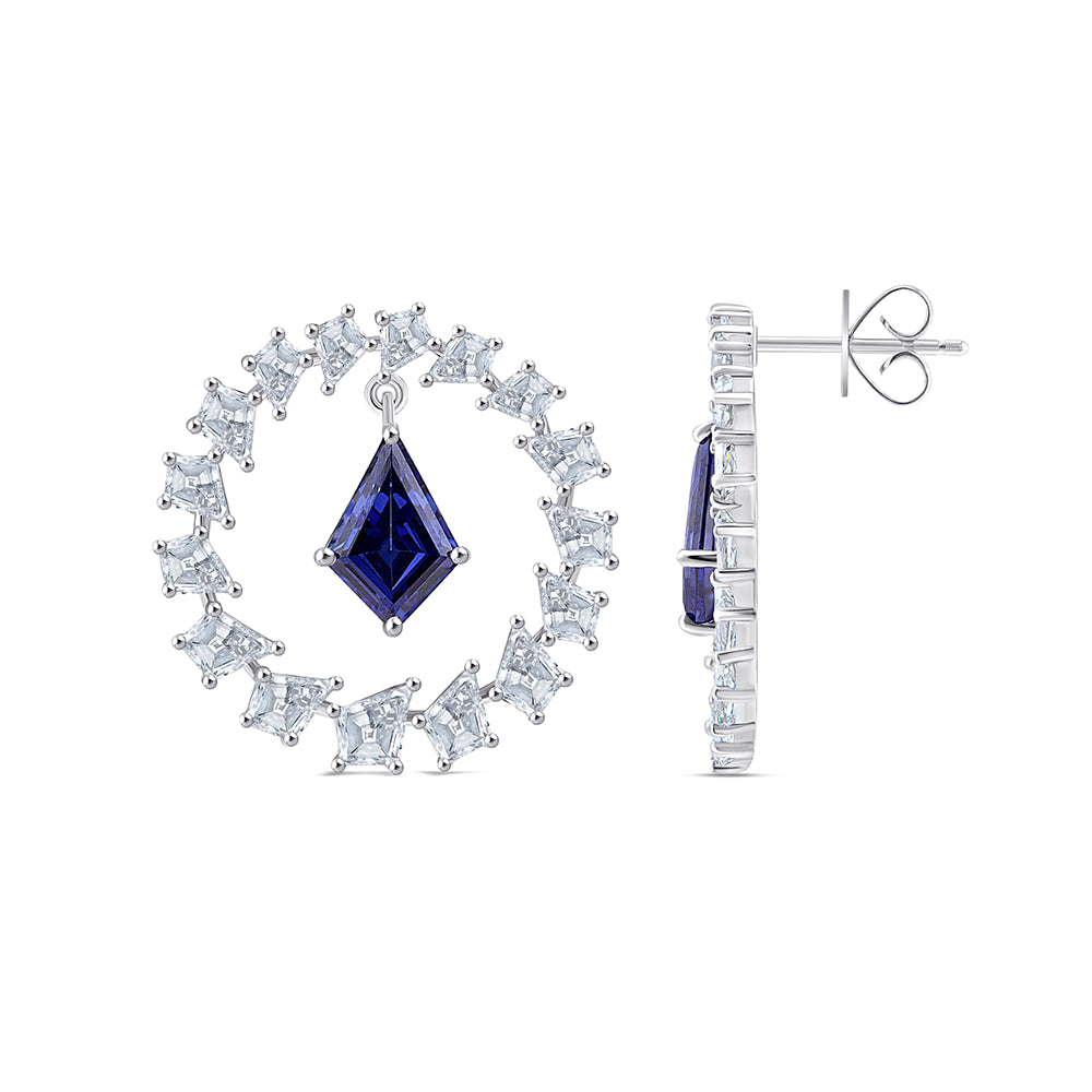 Kite Cut Sapphire Halo Hoop Earrings