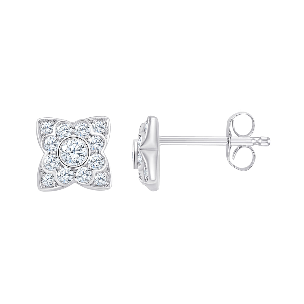 Brilliant Cut Floral Square Stud Earrings