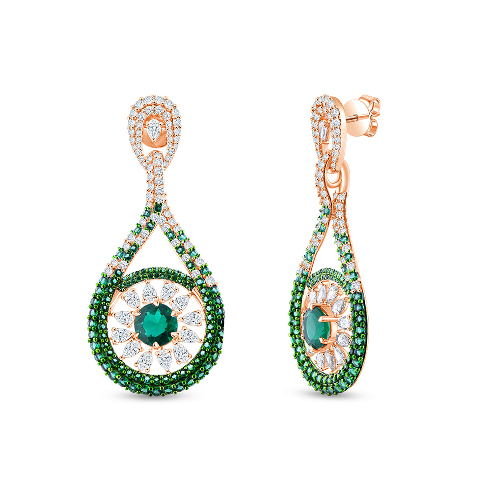 Pear  Brilliant Cut Green Stone Halo Drop Earrings