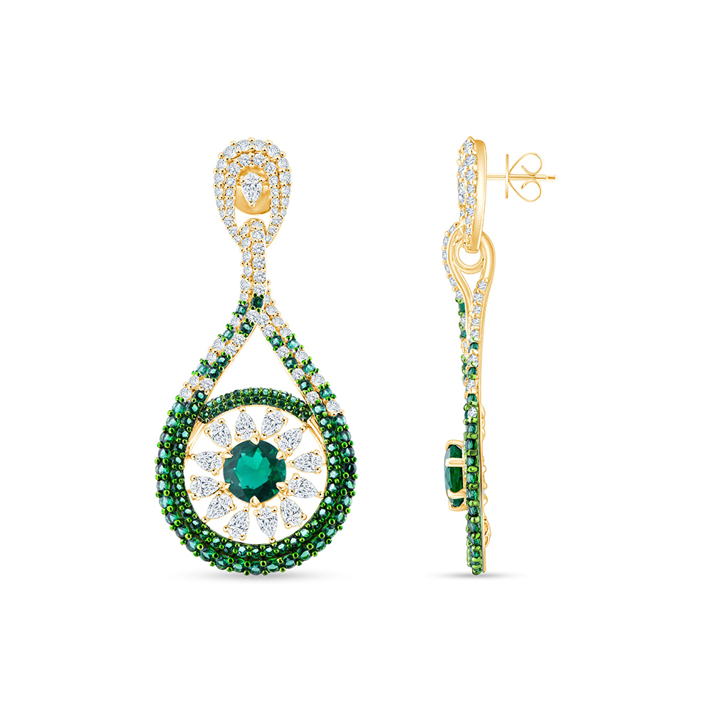 Pear  Brilliant Cut Green Stone Halo Drop Earrings