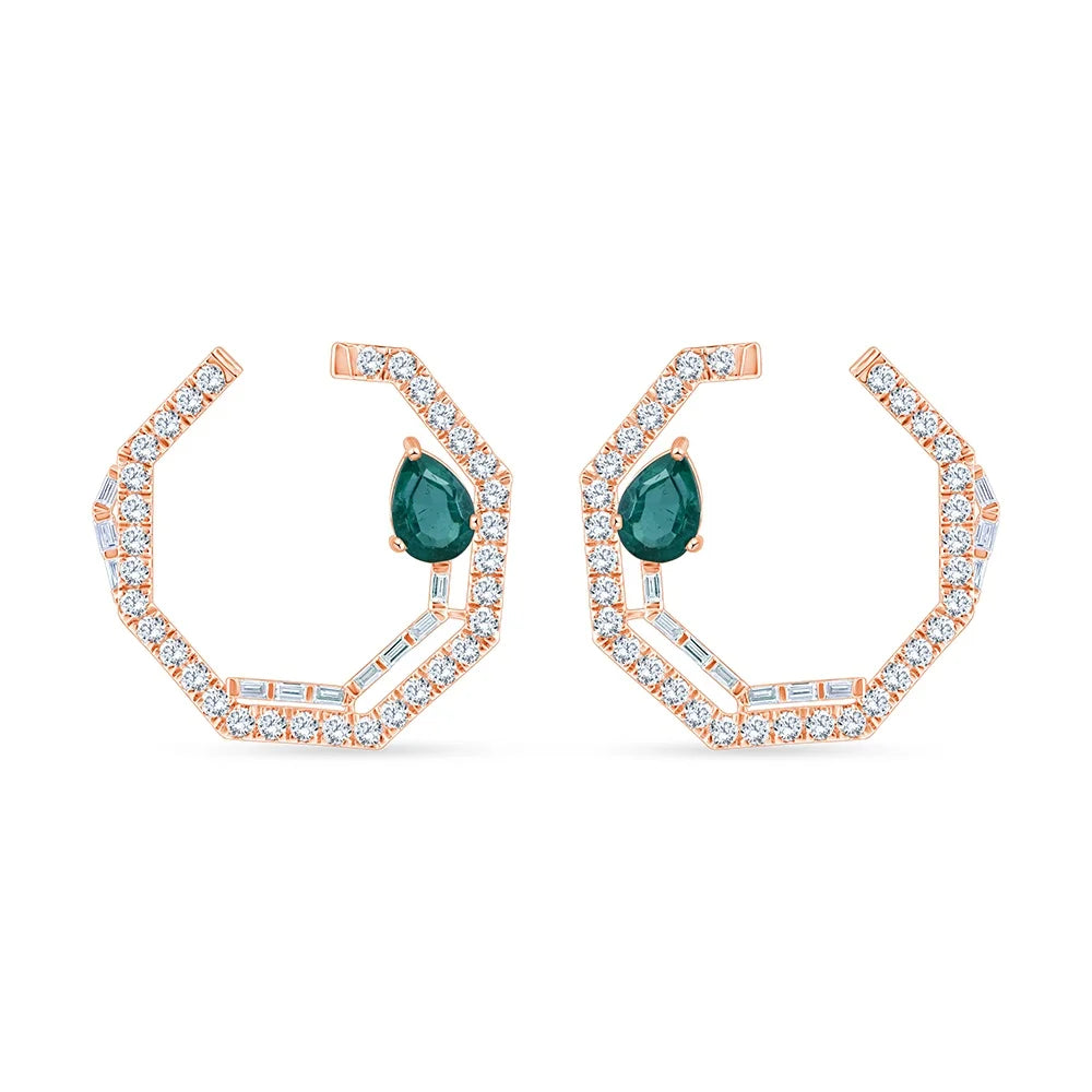 Emerald Pear  Brilliant Cut Open Circle Green Gemstone Stud Earrings