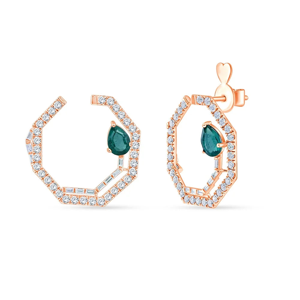 Emerald Pear  Brilliant Cut Open Circle Green Gemstone Stud Earrings