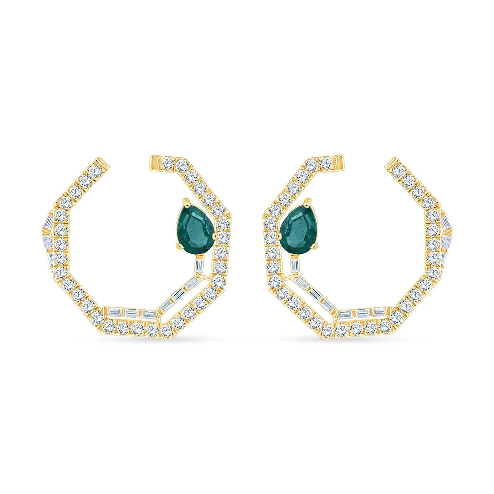 Emerald Pear  Brilliant Cut Open Circle Green Gemstone Stud Earrings