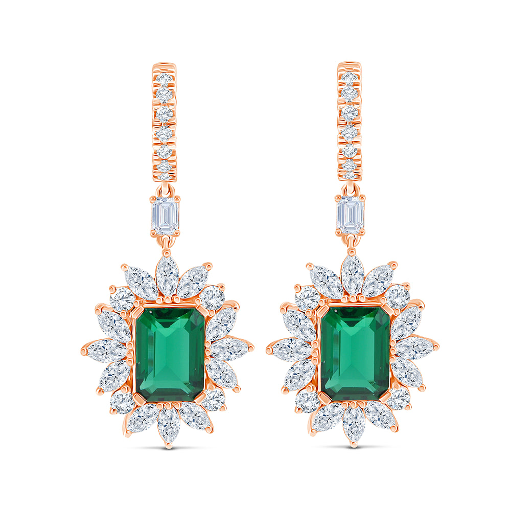 Emerald Cut Green Gemstone Halo Hoop Earrings