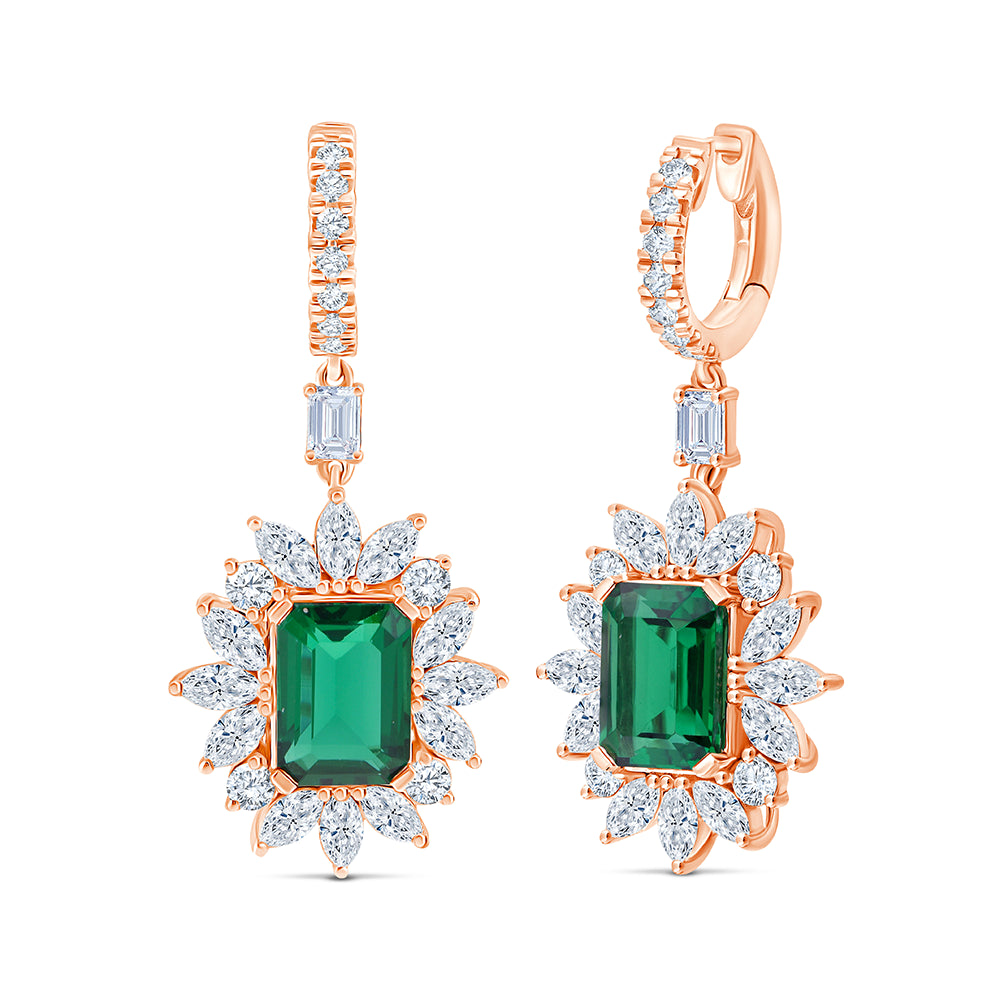 Emerald Cut Green Gemstone Halo Hoop Earrings