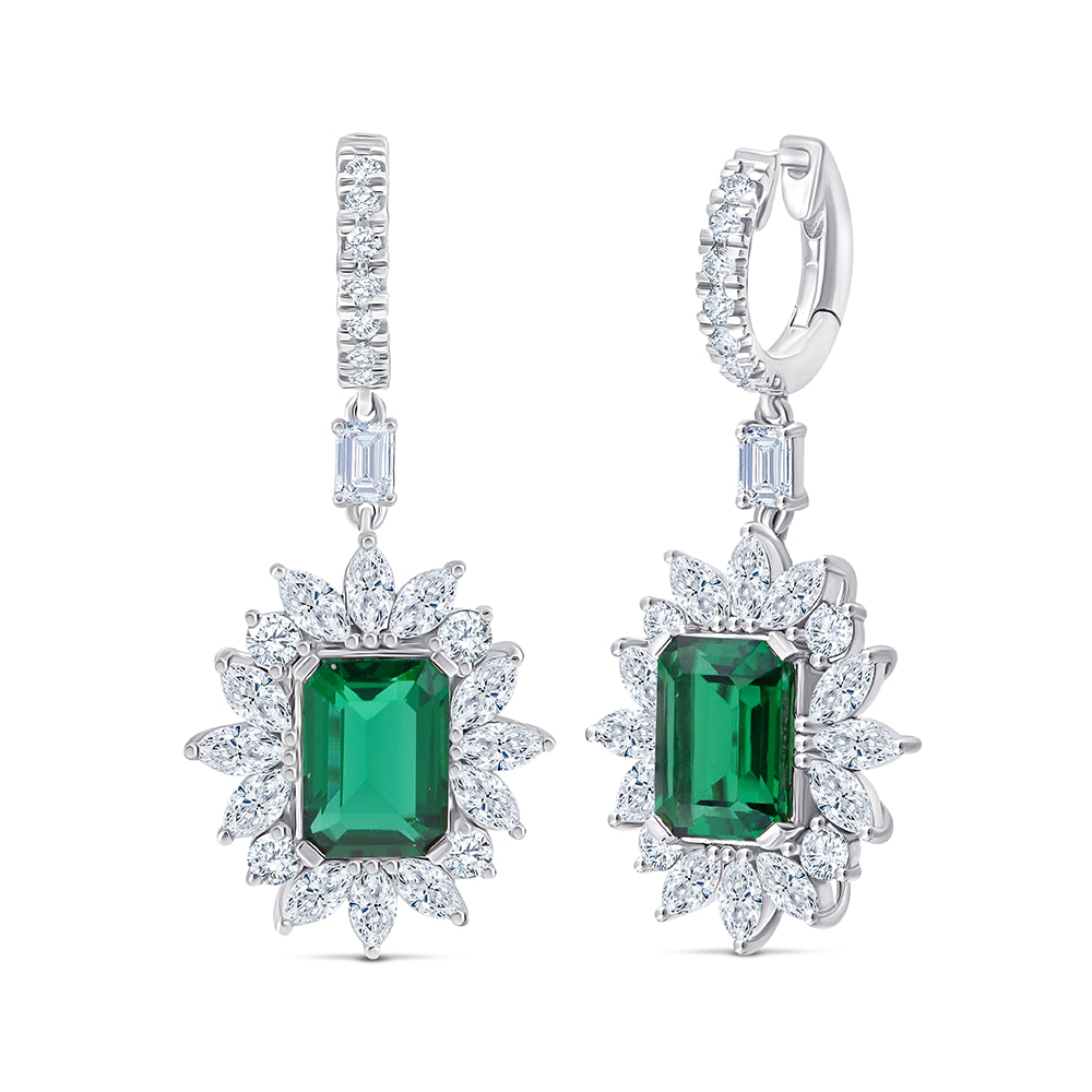 Emerald Cut Green Gemstone Halo Hoop Earrings