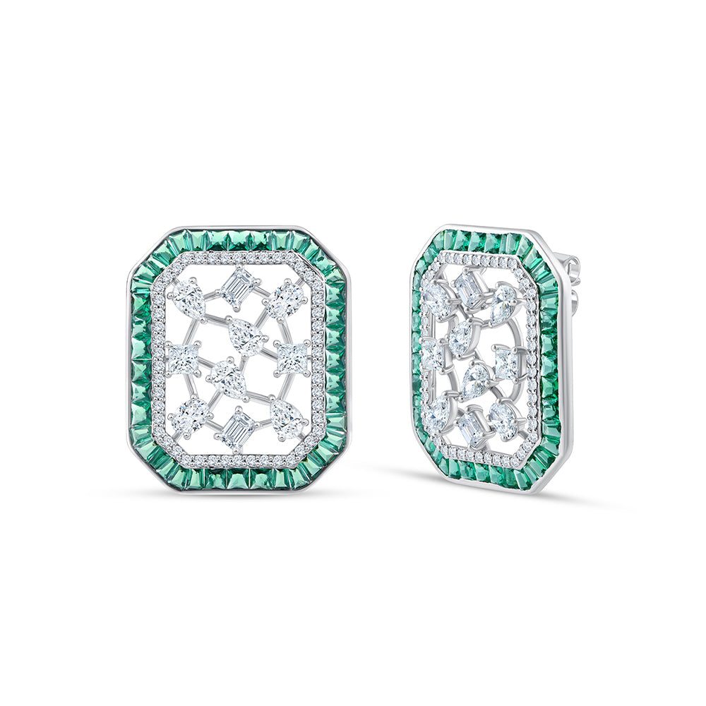 Mixed Cut Green Gemstone Halo Stud Earrings