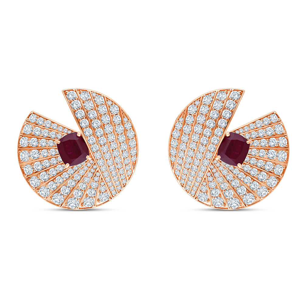 Cushion Cut Red Gemstone Fan Stud Earrings