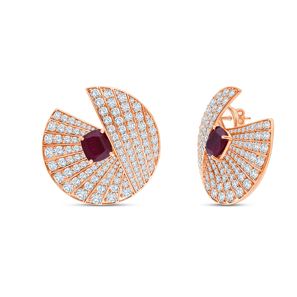 Cushion Cut Red Gemstone Fan Stud Earrings