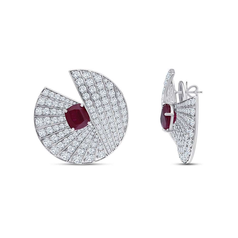 Cushion Cut Red Gemstone Fan Stud Earrings