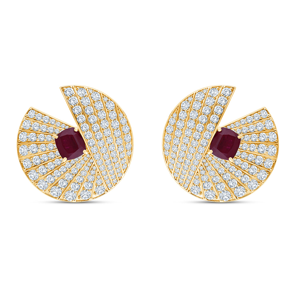 Cushion Cut Red Gemstone Fan Stud Earrings