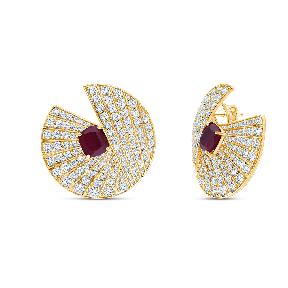 Cushion Cut Red Gemstone Fan Stud Earrings