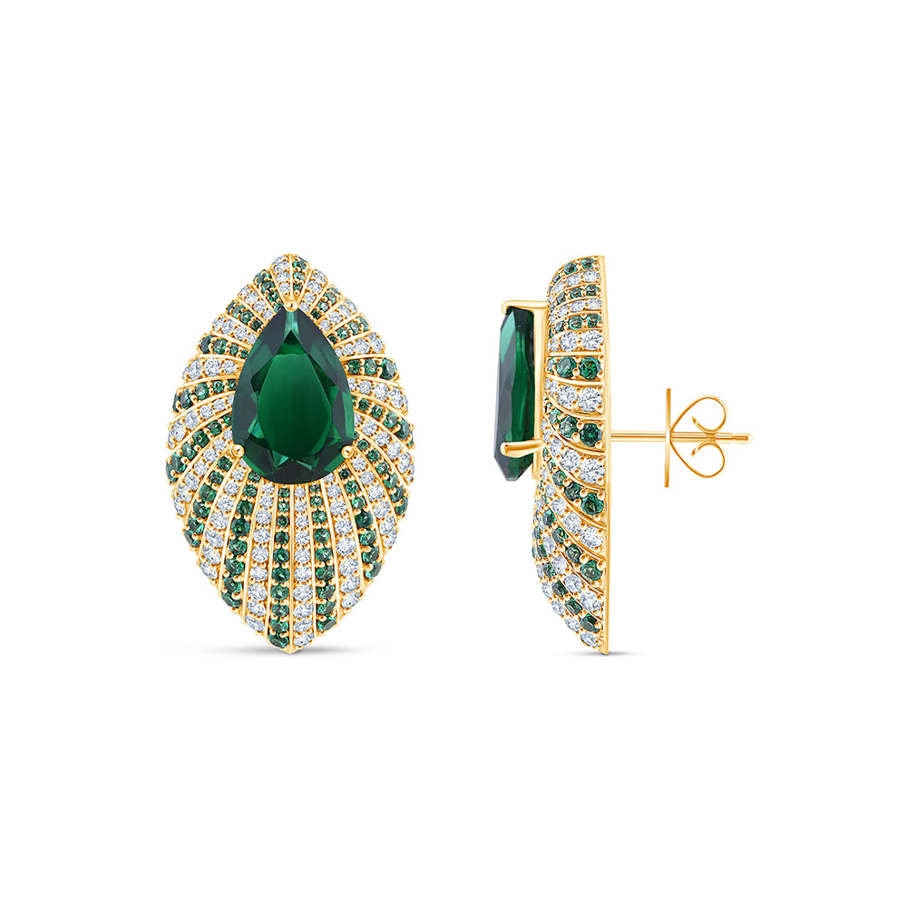 Pear Cut Green Gemstone Marquise Motif Stud Earrings