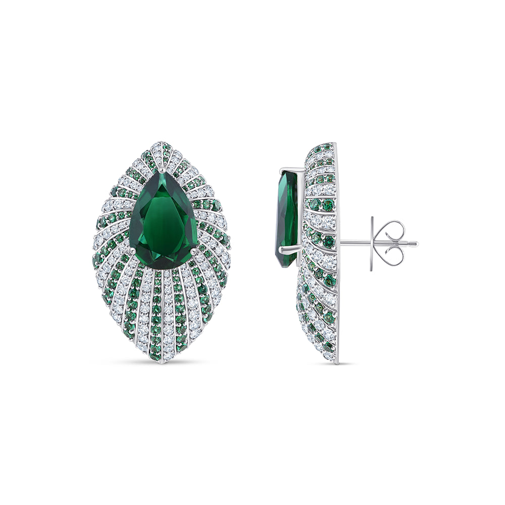 Pear Cut Green Gemstone Marquise Motif Stud Earrings