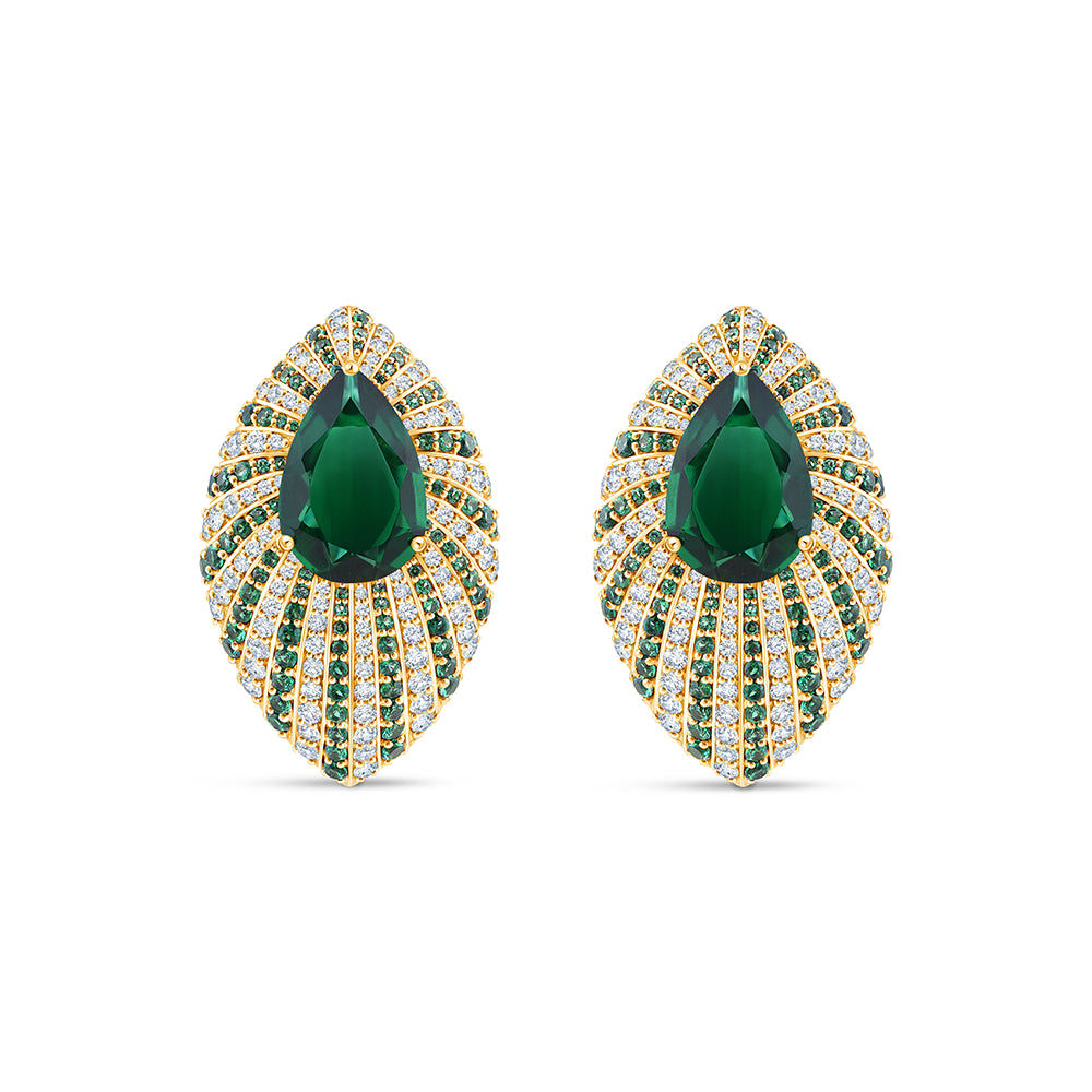Pear Cut Green Gemstone Marquise Motif Stud Earrings