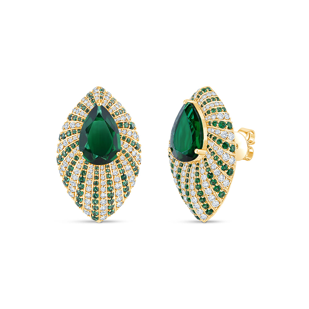 Pear Cut Green Gemstone Marquise Motif Stud Earrings