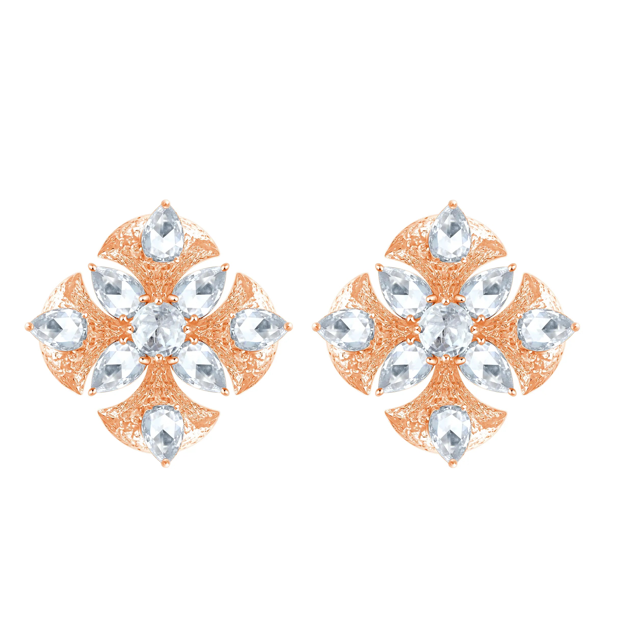 Rose Cut Pear Floral Textured Gold Stud Earrings