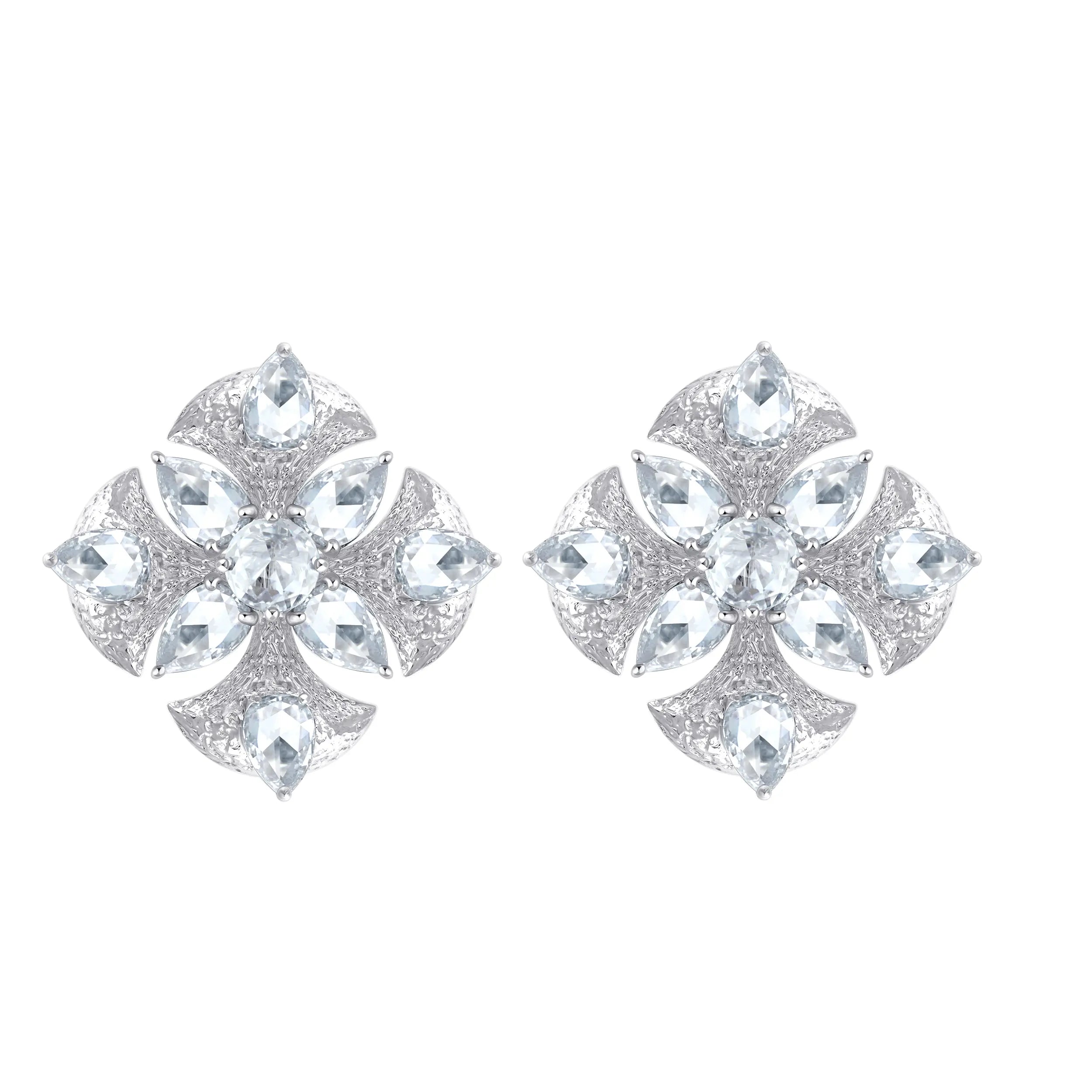 Rose Cut Pear Floral Textured Gold Stud Earrings