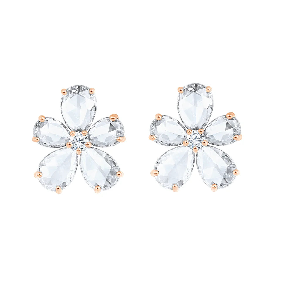 Rose Cut Pear  Brilliant Cut Floral Stud Earrings