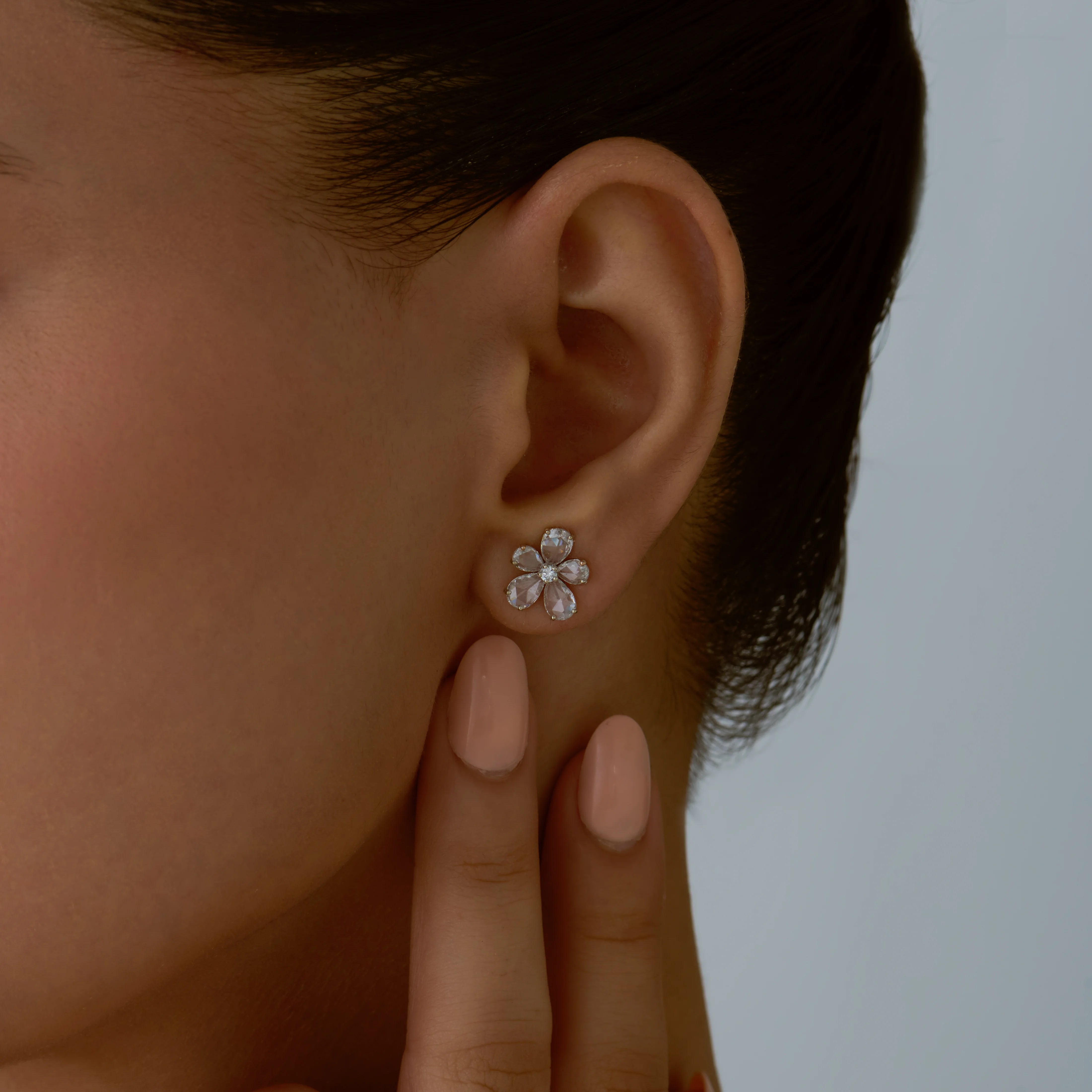 Rose Cut Pear  Brilliant Cut Floral Stud Earrings