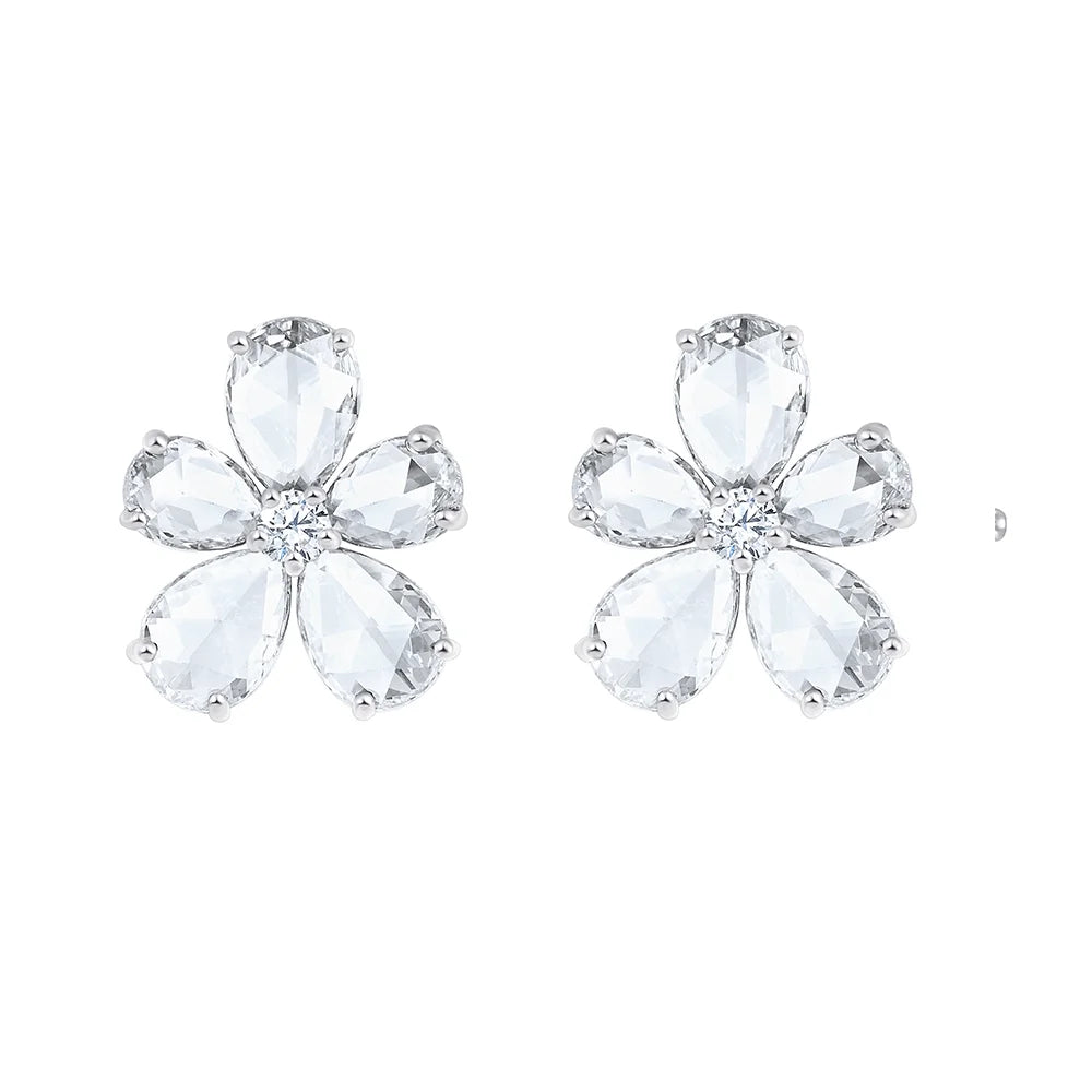 Rose Cut Pear  Brilliant Cut Floral Stud Earrings