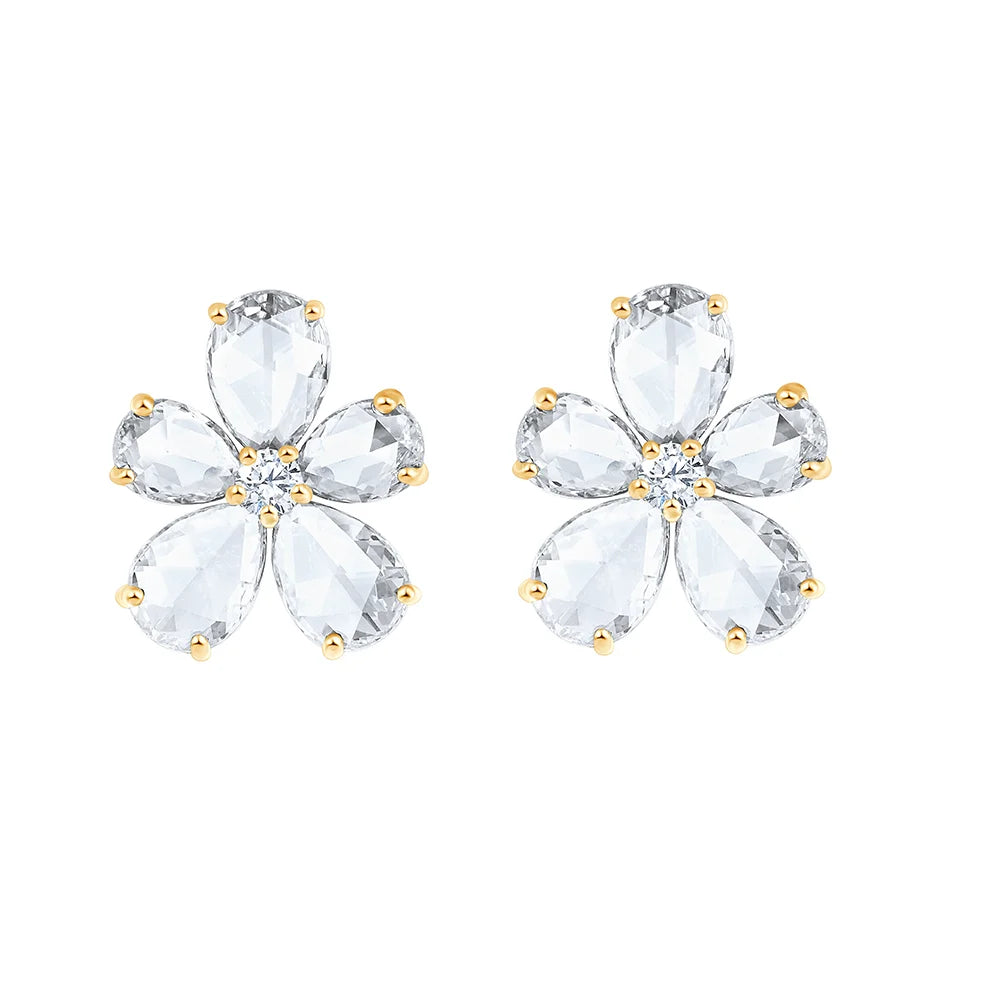 Rose Cut Pear  Brilliant Cut Floral Stud Earrings