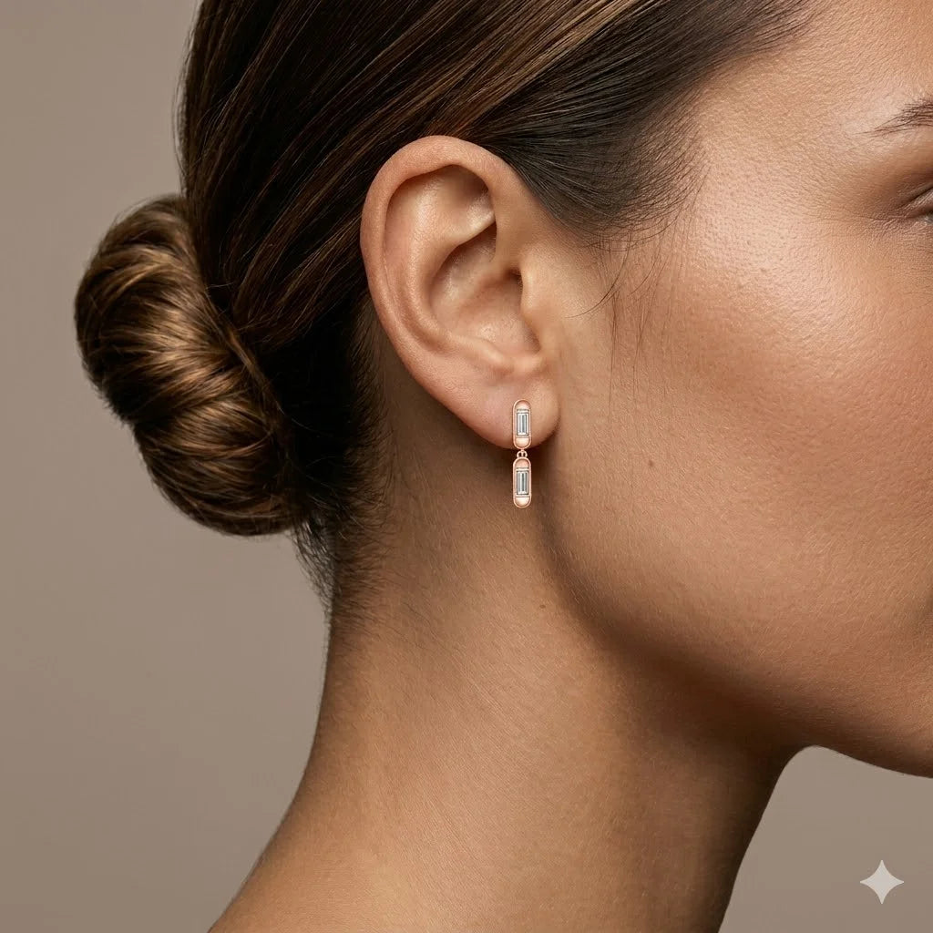 Baguette Cut Double Capsule Drop Earrings