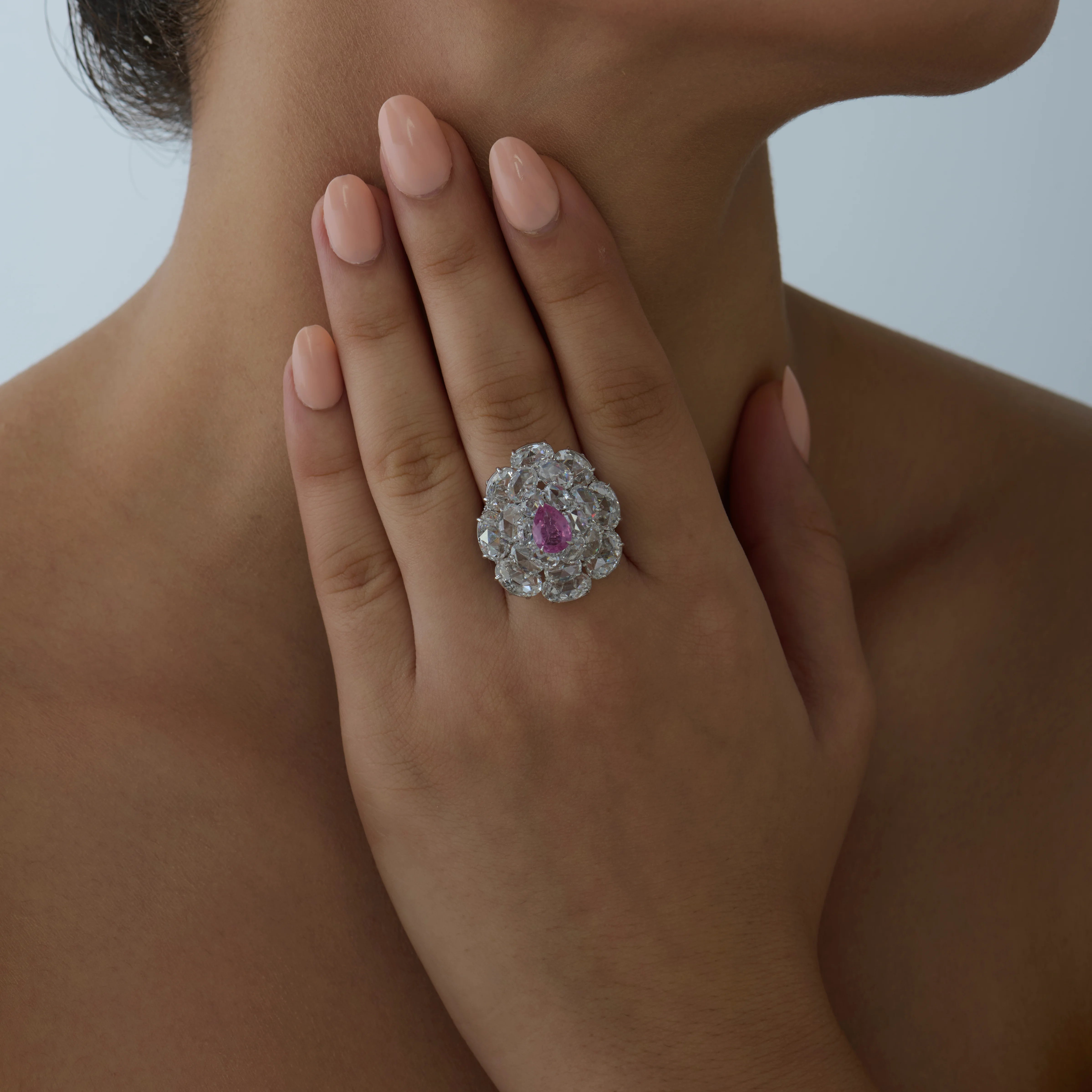 Pear Cut Pink Colorstone Floral Statement Ring