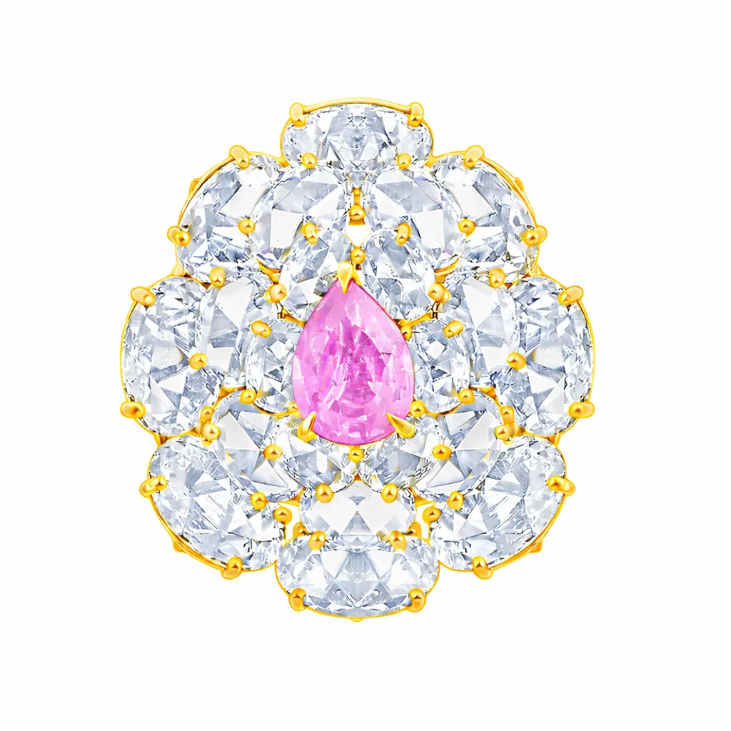 Pear Cut Pink Colorstone Floral Statement Ring
