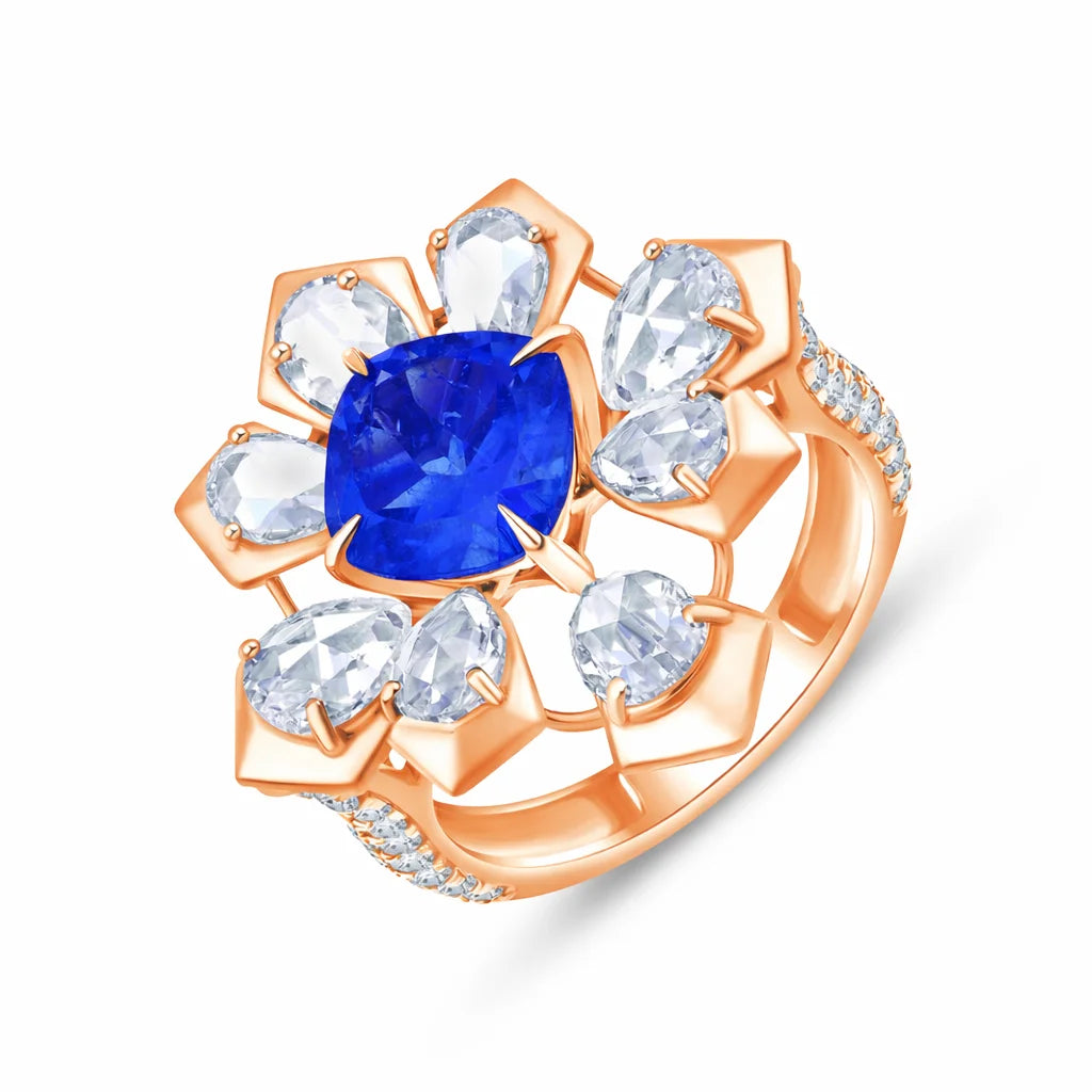 Cushion Cut Blue Colorstone Floral  Ring 