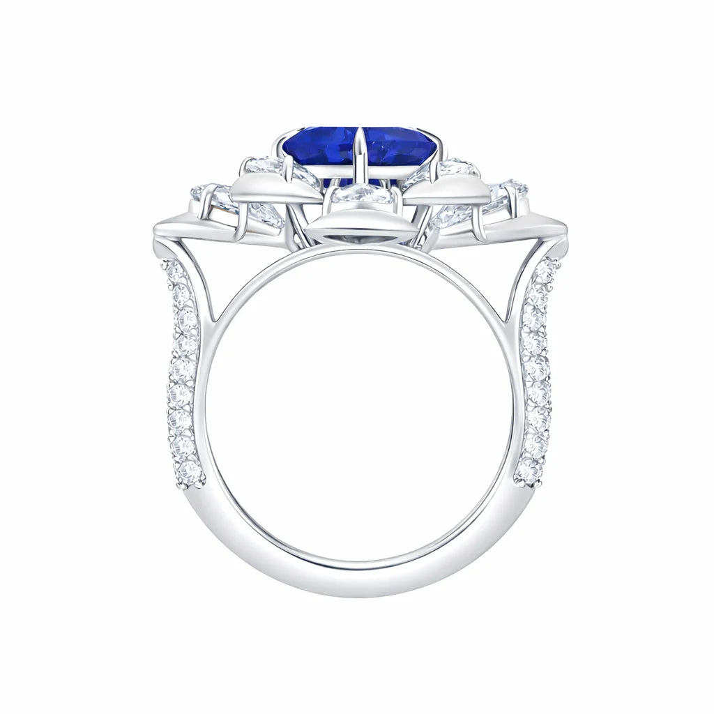 Cushion Cut Blue Colorstone Floral  Ring 