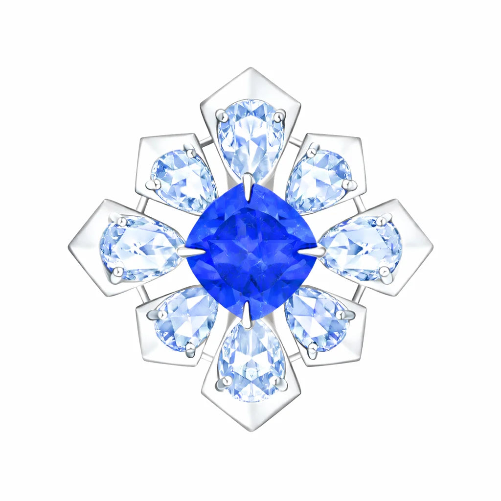 Cushion Cut Blue Colorstone Floral  Ring 